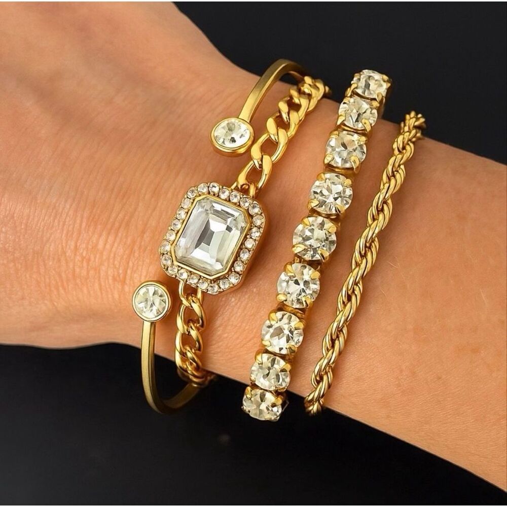 Set of 4 Gold Tone Bracelets with Crystals – Cuff, Tennis, Chain, Stretch